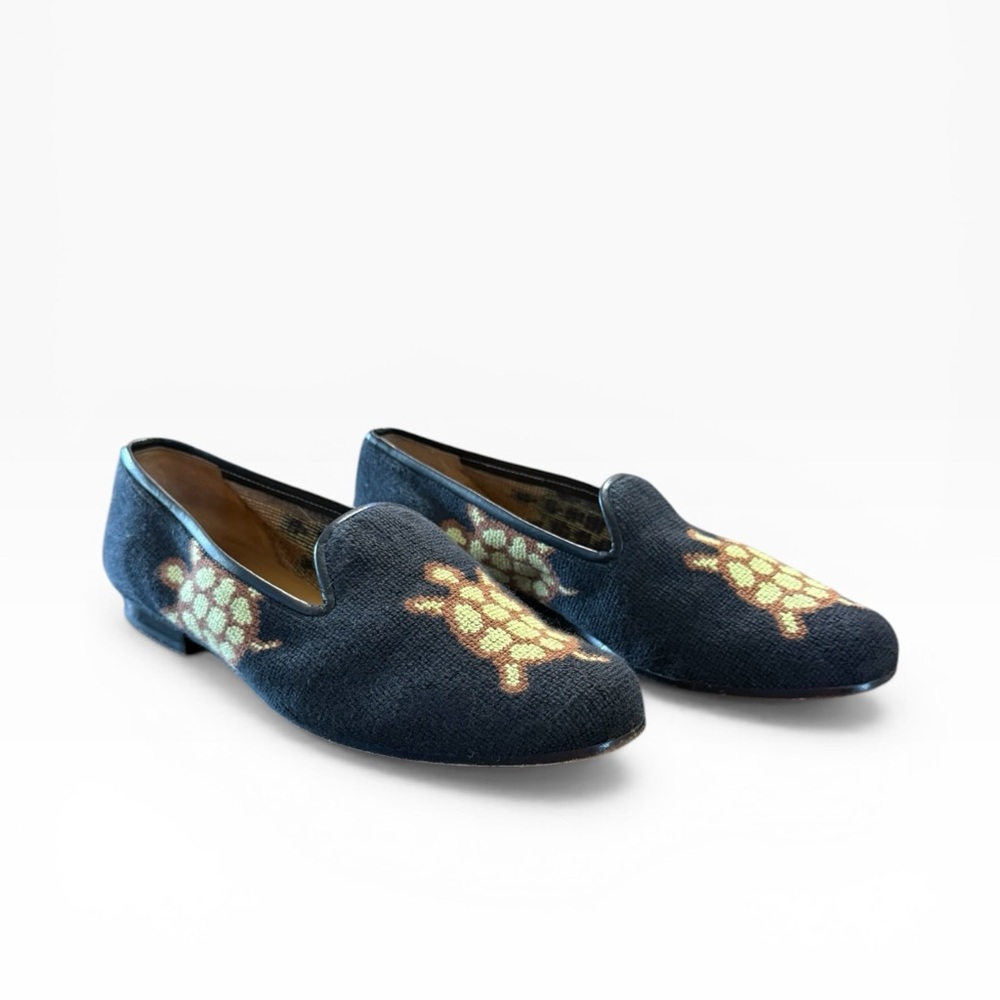 Stubbs & Wootton Needlepoint Turtle Loafers Black Slipper Flats Size 7.5